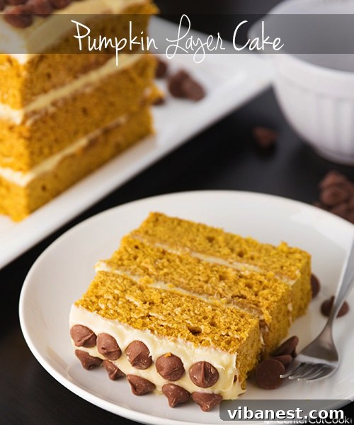 pumpkin layer cake 3.jpg Close-up of a slice of pumpkin layer cake showing chocolate chips and frosting