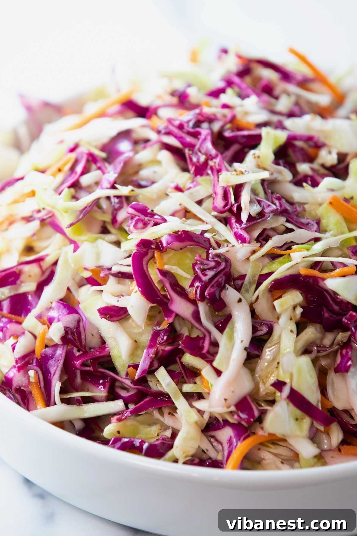 Bright Apple Cider Vinegar Slaw 7 A bowl of apple cider vinegar coleslaw served alongside pulled pork sandwiches.