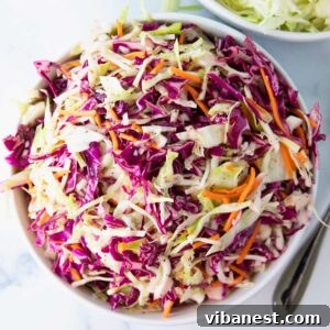 A close-up shot of Apple Cider Vinegar Coleslaw in a white bowl, ready to be served.