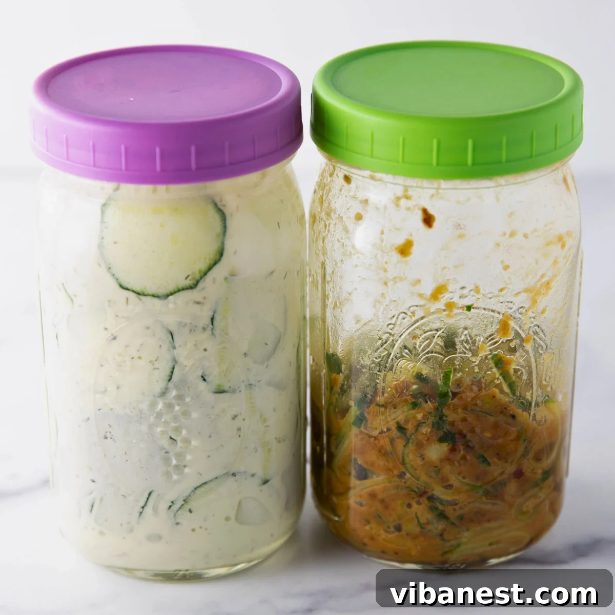 TikToks Viral Cucumber Salad Duet 2 A vibrant close-up of the viral TikTok cucumber salad, showing thinly sliced cucumbers mixed with a flavorful dressing and garnishes, ready to be enjoyed directly from the jar.