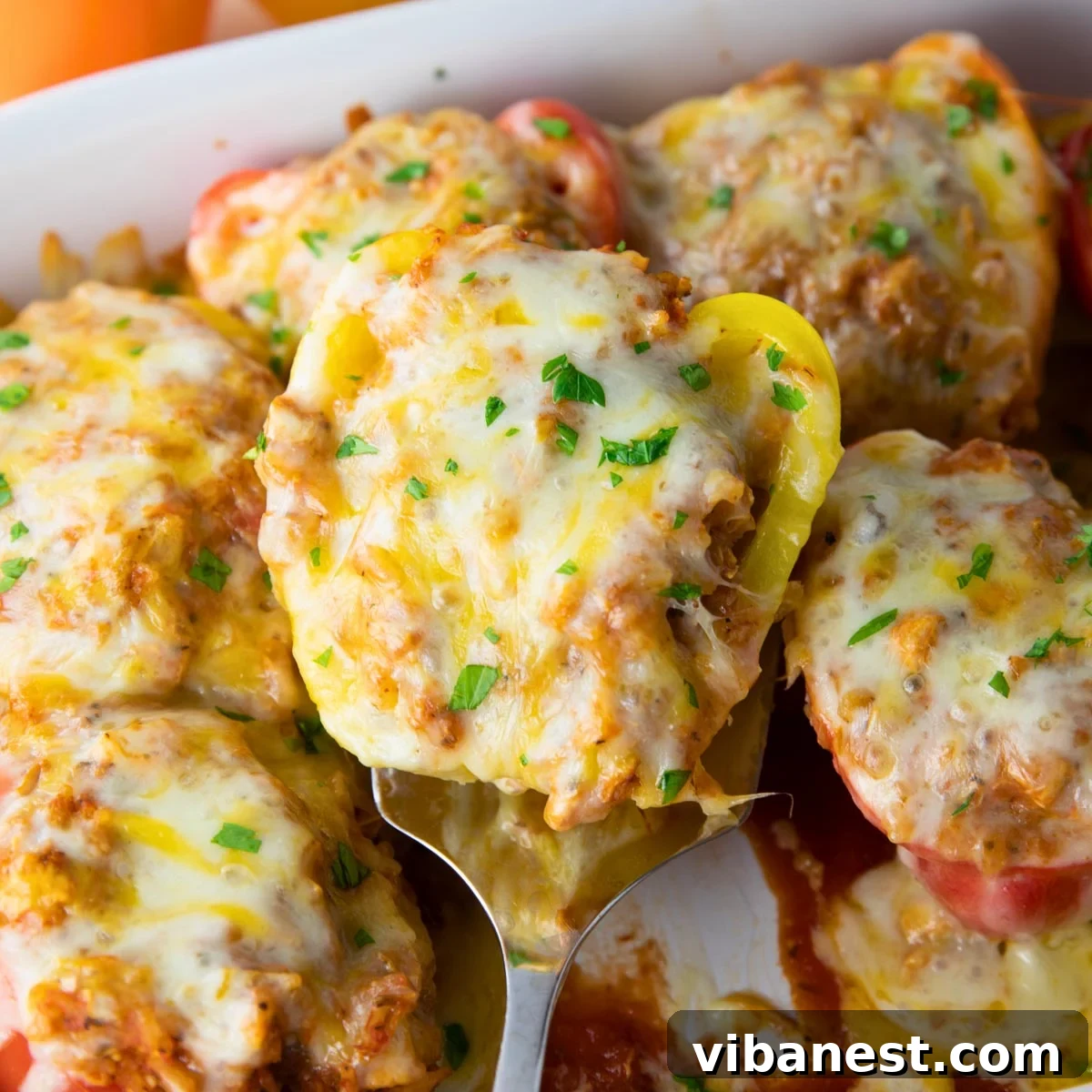 Hearty Chicken Stuffed Bell Peppers 2 Easy Chicken Stuffed Bell Peppers, ready to be enjoyed as a healthy and flavorful meal.