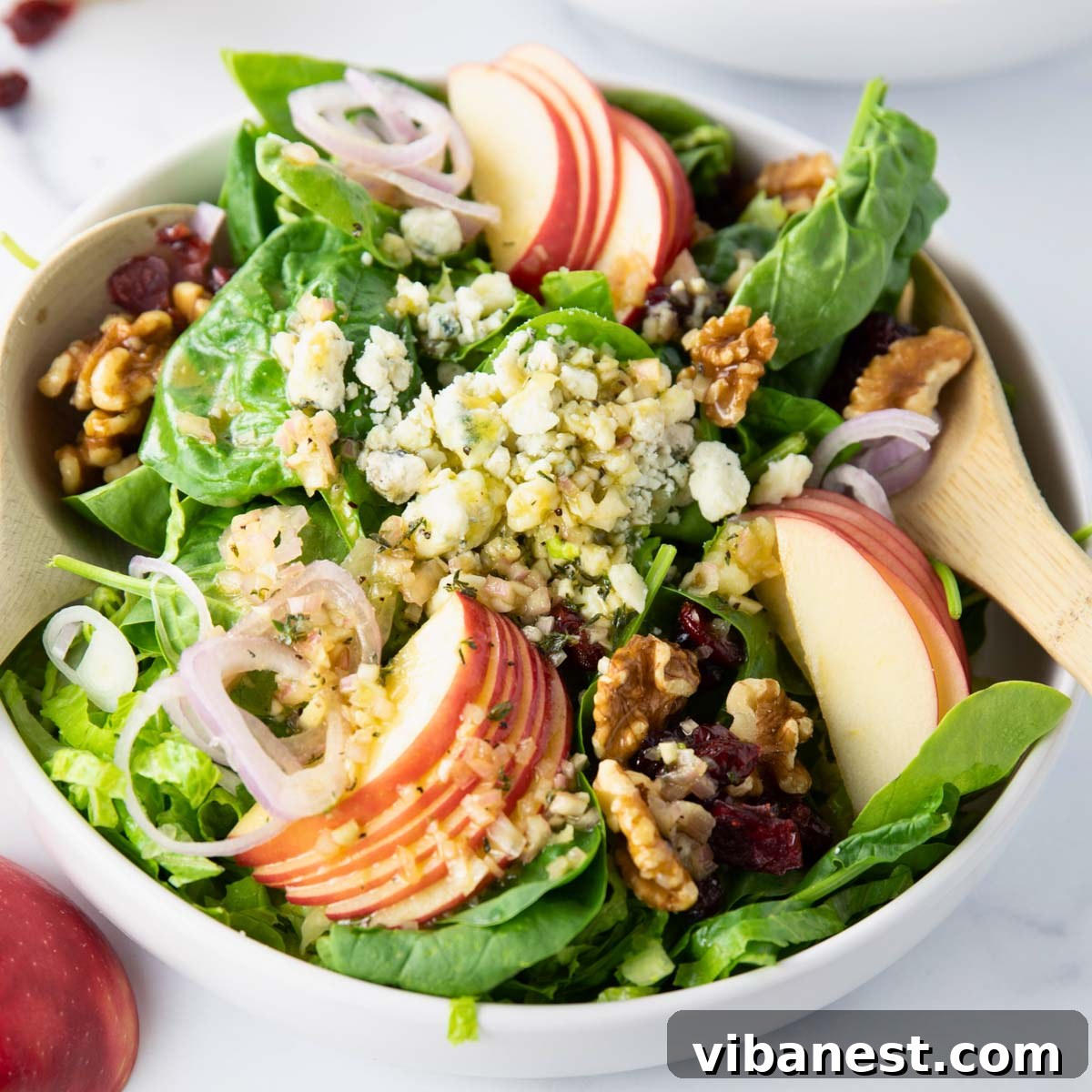 Autumn Abundance Bowl 2 A beautifully arranged Fall Harvest Salad with apple cider vinaigrette dressing, showcasing vibrant autumn ingredients like sliced apples, cranberries, walnuts, and blue cheese crumbles.