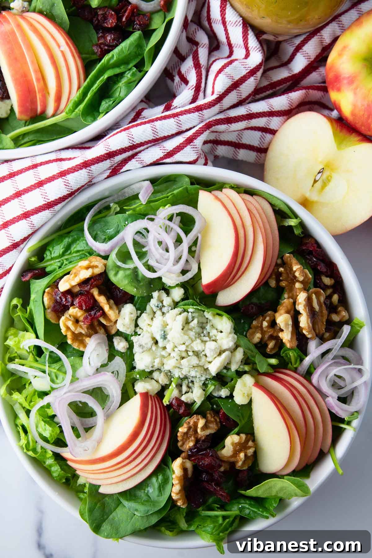Autumn Abundance Bowl 7 A close-up view of the assembled Fall Harvest Salad, showing a vibrant mix of greens, apples, cranberries, walnuts, and blue cheese, drizzled with vinaigrette.