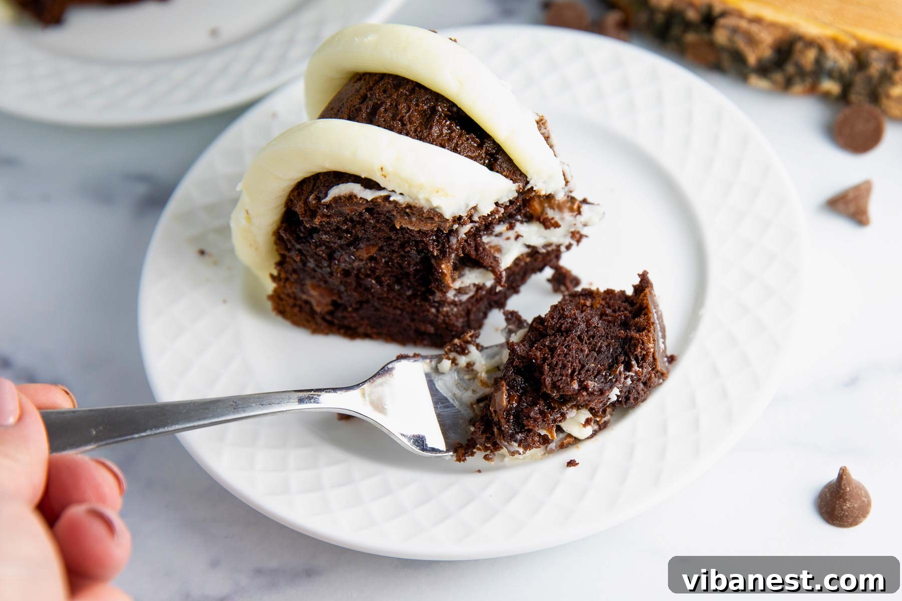Decadent Double Chocolate Bundt Cake 17 A perfect slice of moist chocolate bundt cake, revealing its rich, dark crumb and a generous scattering of melted, gooey chocolate chips within, showcasing its irresistible texture.