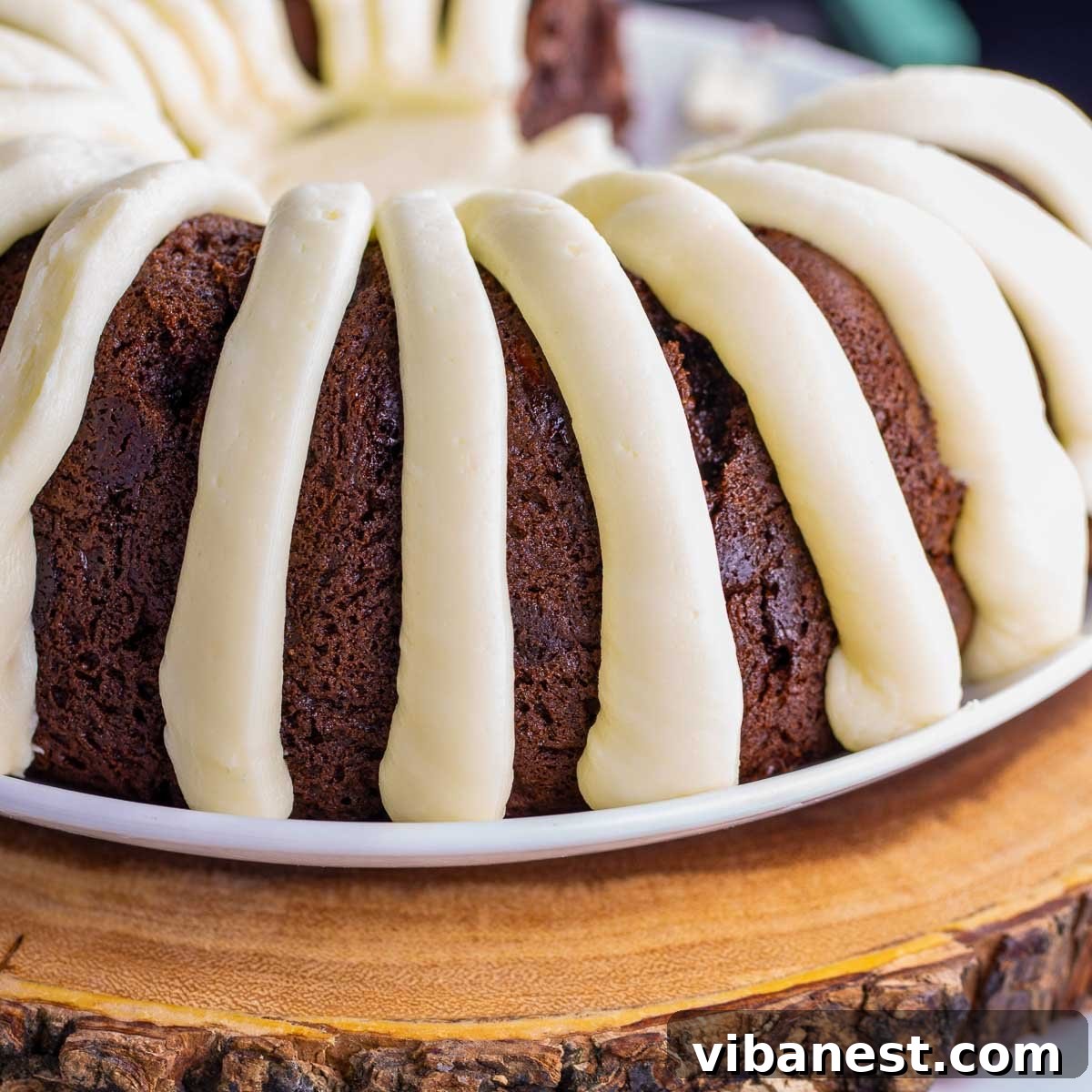 Decadent Double Chocolate Bundt Cake 4 A freshly baked chocolate chocolate chip bundt cake, beautifully frosted with cream cheese, resting on a white plate, ready to be sliced and served.