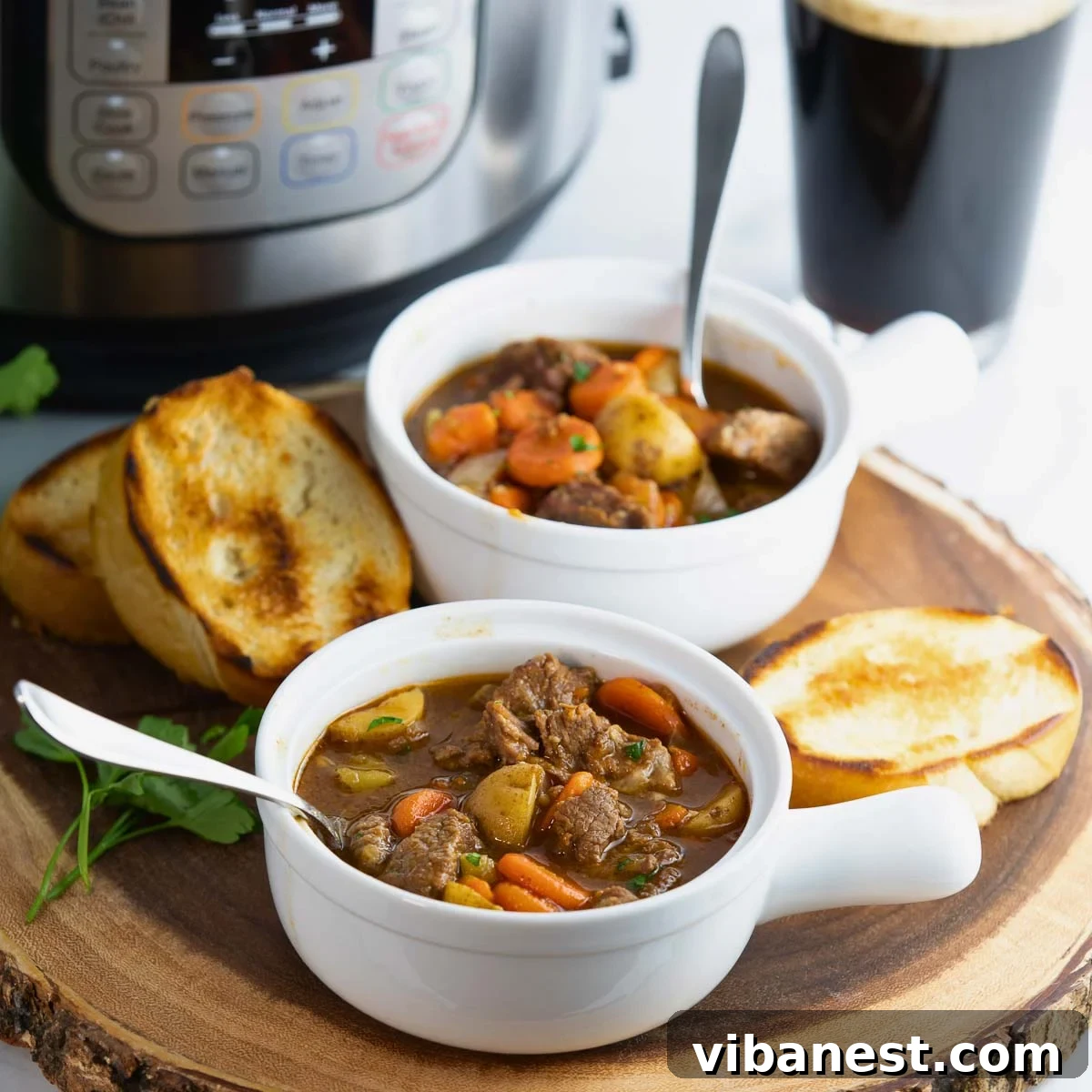 Instant Pot Irish Comfort Stew 15 Instant Pot Irish beef stew beautifully served in a bowl with crusty bread and fresh parsley garnish.