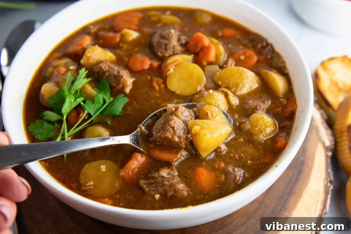 Instant Pot Irish Comfort Stew 16 A close-up of a spoonful of rich and hearty Irish beef stew, showing tender beef and vegetables.
