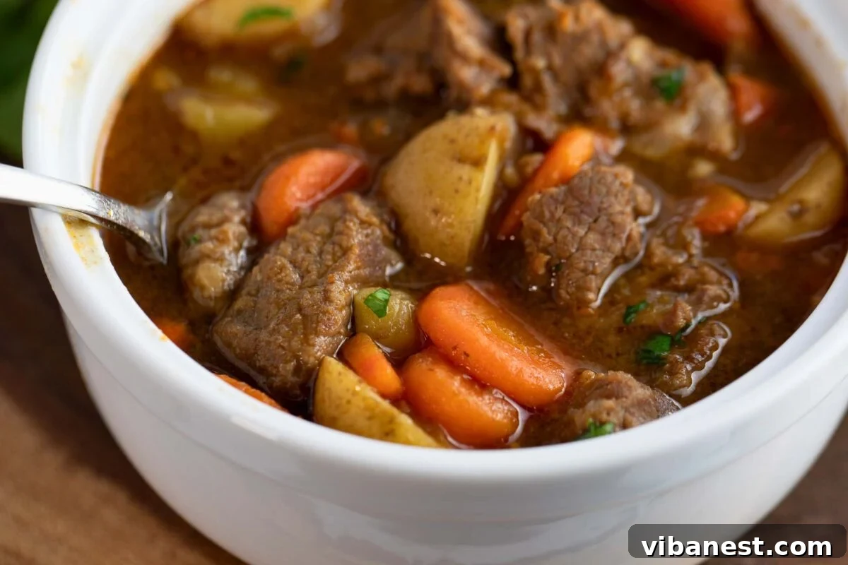 Instant Pot Irish Comfort Stew 17 Hearty beef stew in a bowl, garnished with a sprinkle of fresh parsley on top.
