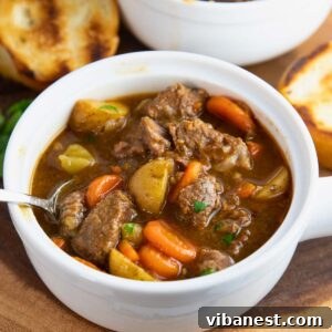 Instant Pot Irish Comfort Stew 18 close-up of a spoonful of hearty Irish beef stew with chunks of beef and vegetables.