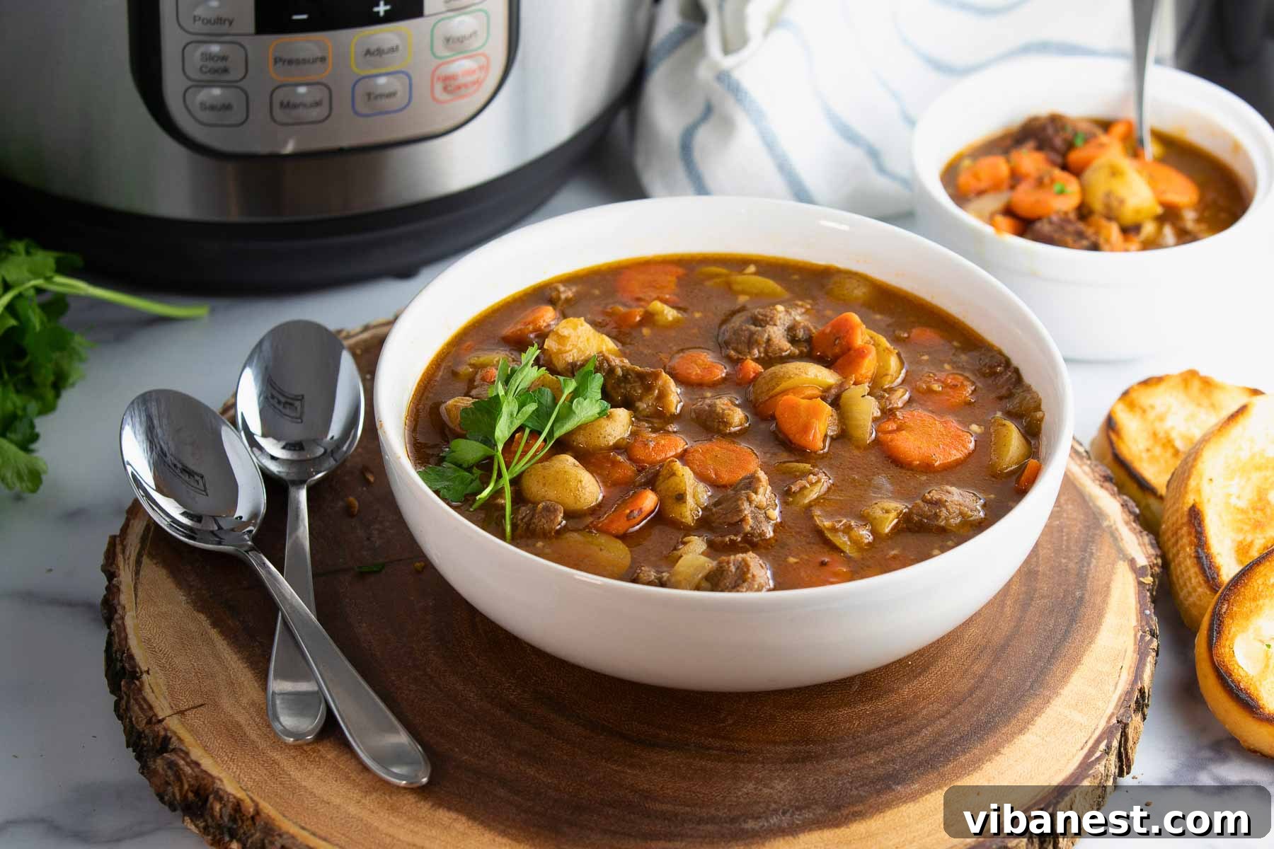 Instant Pot Irish Comfort Stew 4 Bowl of Instant Pot Irish beef stew brimming with tender beef, potatoes, and carrots in a rich Guinness broth.