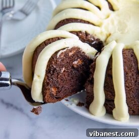 Moist and rich chocolate chocolate chip Nothing Bundt Cake copycat, topped with thick cream cheese frosting.