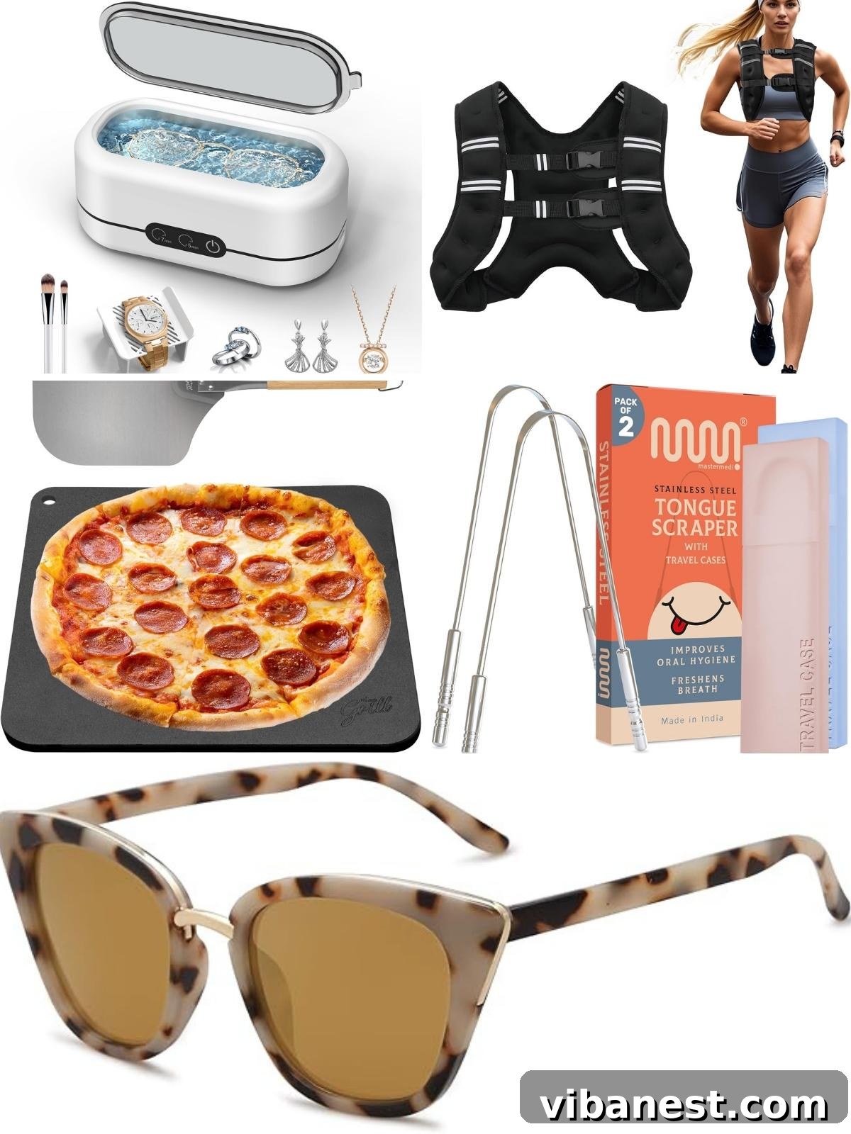 Friday Five September 5, 2025 3 A collection of five useful products: an ultrasonic jewelry cleaner, a black weighted vest, a pizza steel, a metal tongue scraper, and a stylish pair of sunglasses.