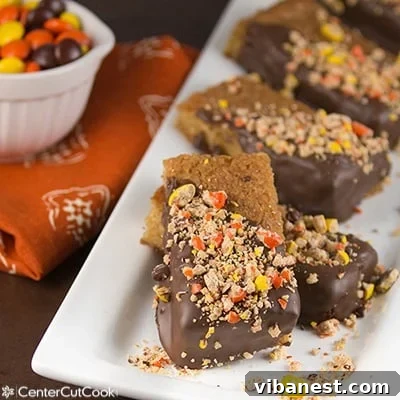 Ready-to-Eat Reese's Blondie Bar Single chocolate dipped Reese's blondie bar on a cooling rack, showcasing the perfect chocolate and candy coating