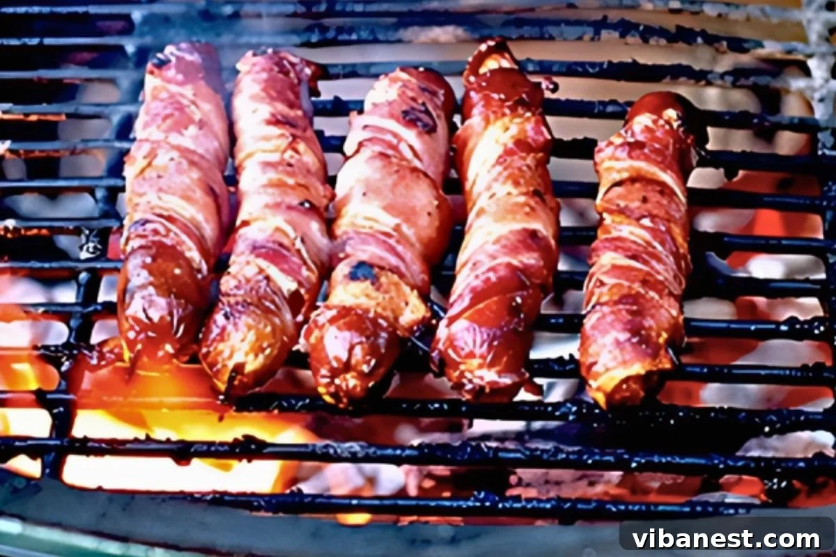 The Bacon Blanket Dog 3 bacon wrapped hot dogs on the grill