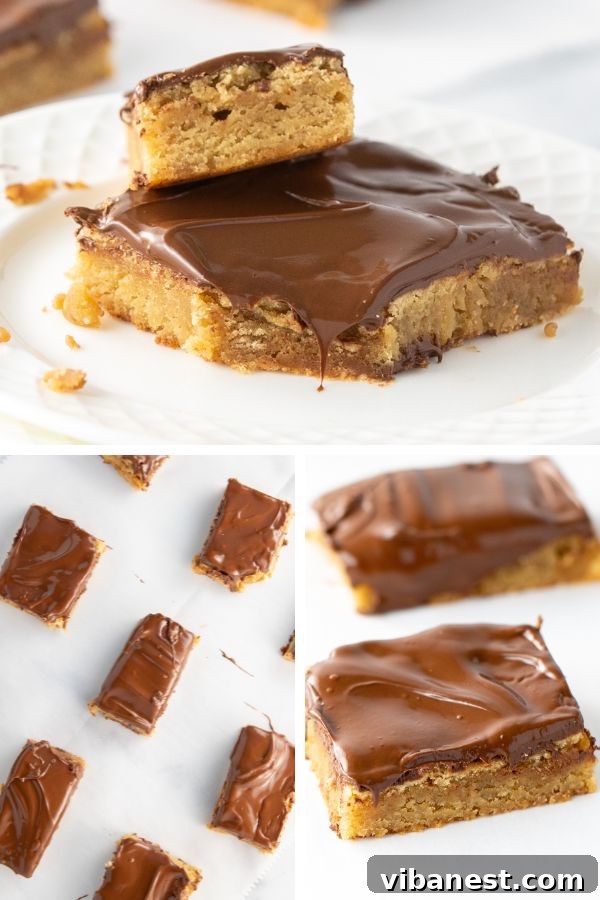 Close-up of a tray of freshly baked blondies with melted chocolate, ready to be sliced
