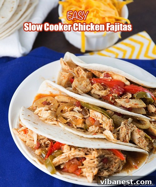 Slow Cooker Chicken Fajitas - Main Dish Tender, juicy chicken fajitas with colorful bell peppers and onions, cooked in a slow cooker, served in a warm tortilla.