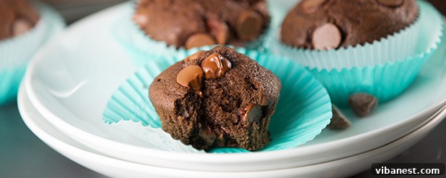 Perfectly baked chocolate chocolate chip muffins, rich and delicious