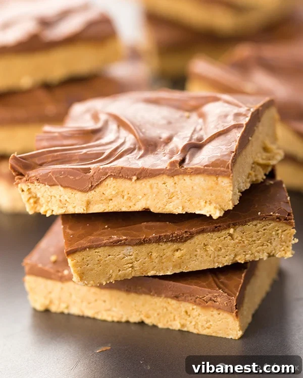 Delicious peanut butter squares 3.jpg Close-up of no-bake peanut butter bars with chocolate topping