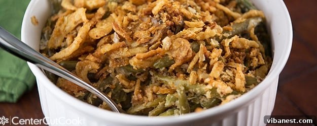 Delicious Homemade Green Bean Casserole A serving of homemade green bean casserole