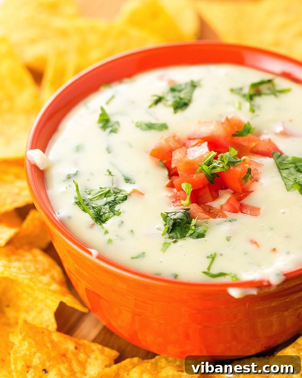 queso blanco 3.jpg Close-up of a bowl of creamy white queso blanco dip with vibrant green jalapeño pieces, ready for dipping.