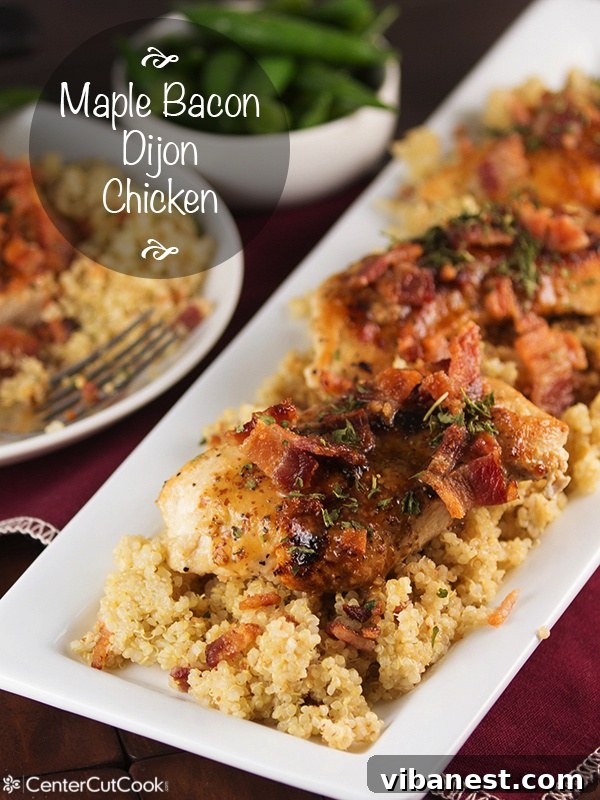 Maple Bacon Dijon Chicken Plated Close-up of Maple Bacon Dijon Chicken served with quinoa