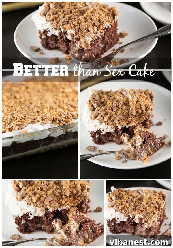 Better Than Sex Cake: An Irresistible Chocolate Caramel Toffee Delight A tantalizing collage showcasing slices of Better Than Sex Cake, revealing layers of chocolate cake, caramel, whipped topping, and toffee bits.