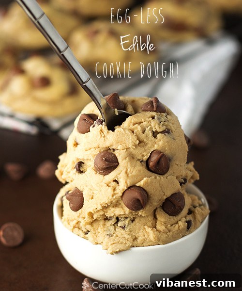 Safe Edible Chocolate Chip Cookie Dough A bowl of creamy, delicious Egg-Less Edible Chocolate Chip Cookie Dough with a spoon, generously studded with chocolate chips, ready to be enjoyed.