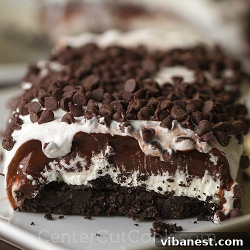 Most Popular Chocolate Lasagna Recipe Decadent Chocolate Lasagna dessert with clearly defined layers of cookie crust, cream cheese, chocolate pudding, and whipped topping, garnished with chocolate shavings.