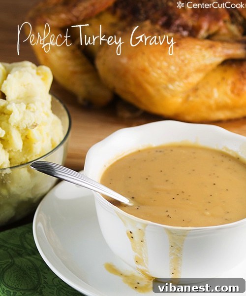 Perfect Turkey Gravy for Holidays Rich and savory Perfect Turkey Gravy in a white gravy boat, ready to be served with a holiday meal or Sunday roast.