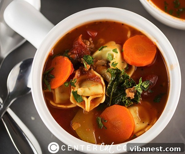 Tortellini Soup close up Close-up of Tortellini Soup with visible sausage and vegetables