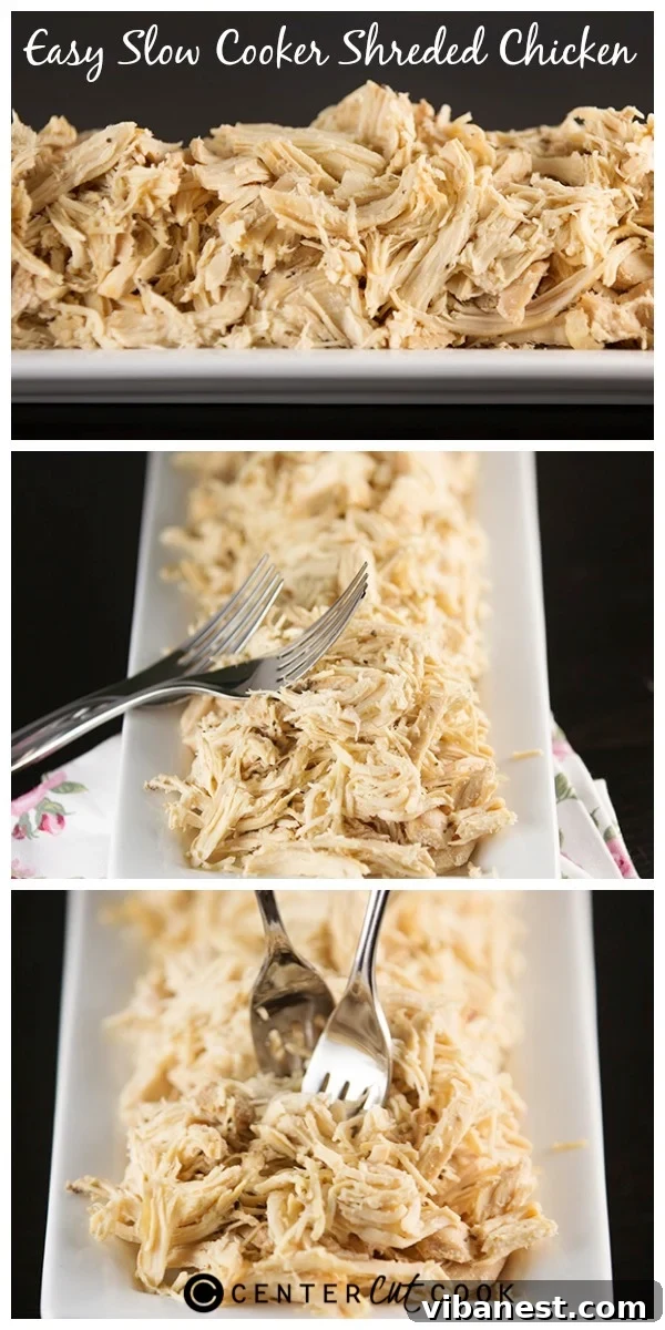 easy slow cooker shredded chicken collage Easy slow cooker shredded chicken collage showcasing different uses like tacos and salads