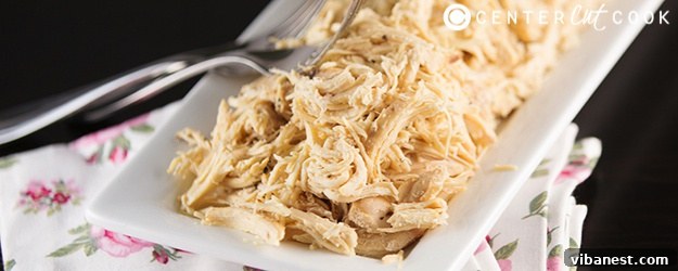 easy slow cooker shredded chicken.jpg Plate of easy slow cooker shredded chicken ready to be served
