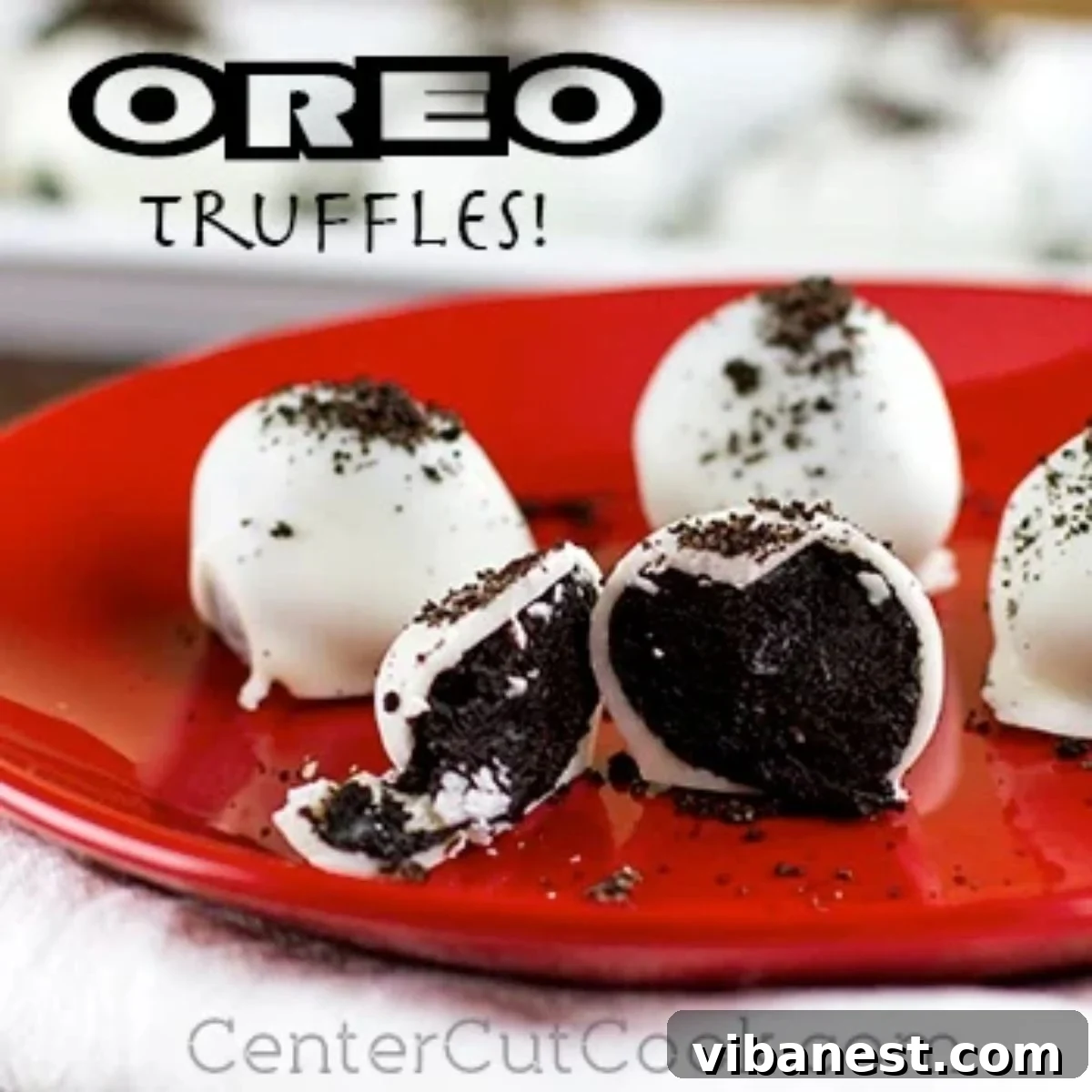 Velvet Oreo Dream Truffles 2 Three-ingredient Oreo truffles piled on a plate