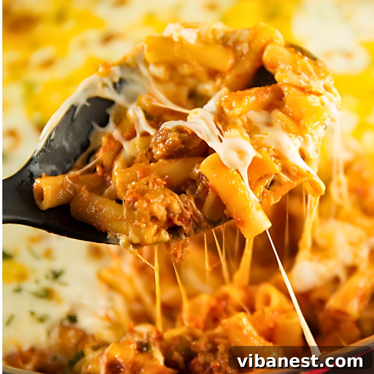 Skillet Ziti Quick Bake 2 Close-up of bubbling, cheesy one-pot baked ziti with Italian sausage in a cast iron skillet