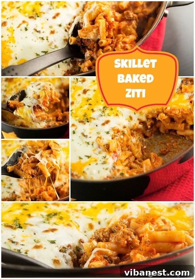 Skillet baked ziti collage of various stages Collage of Skillet Baked Ziti showing ingredients, preparation, and final dish