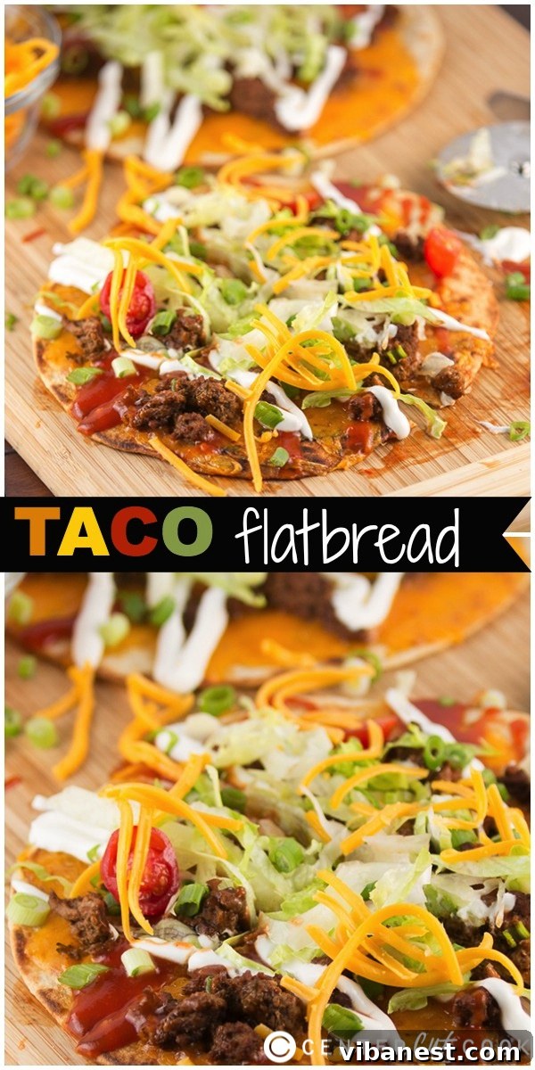 Taco Flatbread Pizza Detail Close-up of a freshly baked Taco Flatbread Pizza, generously topped with cheese, meat, and vegetables