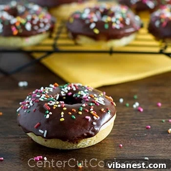 Baked Donuts with Chocolate Glaze Two baked donuts with chocolate glaze and sprinkles on a cooling rack