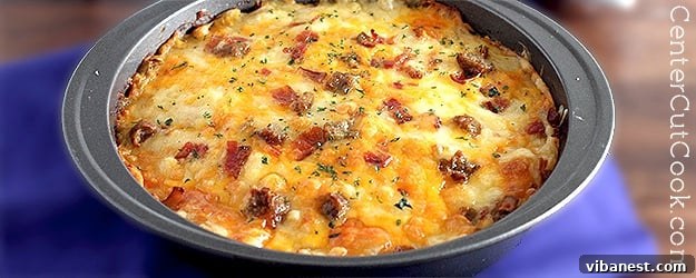 amish breakfast casserole.jpg Amish breakfast casserole, golden brown and cheesy, fresh from the oven.