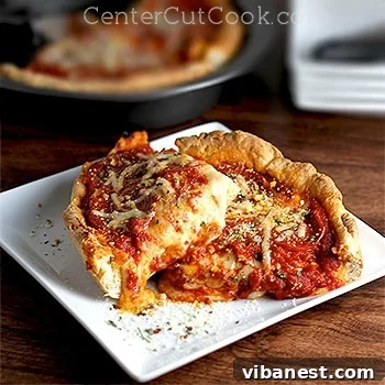 Deep Dish Pizza Slice A slice of perfect Chicago Deep Dish Pizza with a cheese pull