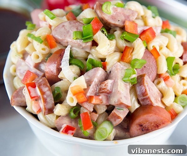 bbq macaroni salad with turkey kielbasa bowl