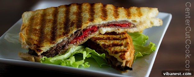 Delicious Havarti and roast beef panini, perfectly grilled and golden brown.