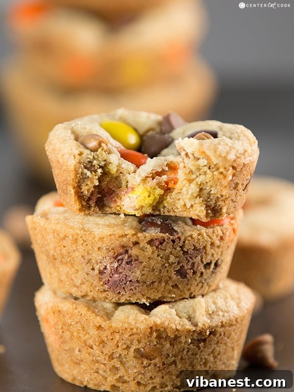 reese's cookie cups 4.jpg Close-up of baked Reese's cookie cups, showcasing the melty peanut butter chips and colorful candies