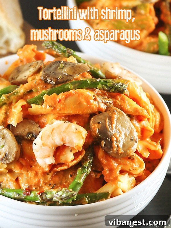 Tortellini with Shrimp and Mushrooms serving suggestion Close-up of creamy tortellini with shrimp and mushrooms, ready to be served