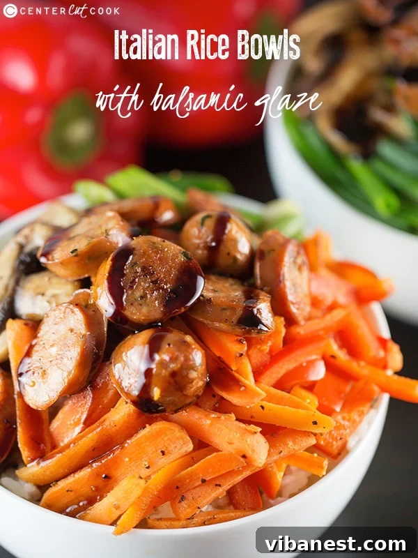 Vibrant Italian Rice Bowl 3 Close-up of a vibrant Italian Rice Bowl with colorful vegetables and chicken sausage