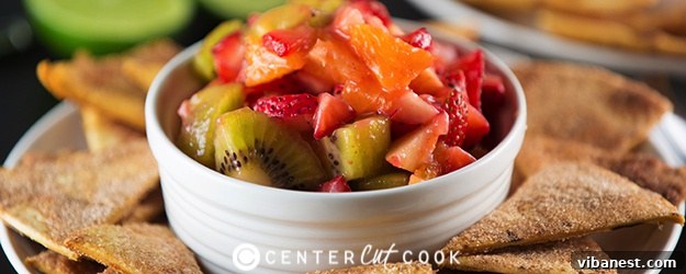 Fruit Salsa with Cinnamon Crisps Fresh and vibrant fruit salsa with cinnamon sugar tortilla chips