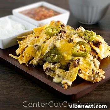 cheesy nachos 2.jpg A close-up shot of baked Cheesy Macho Nachos, showcasing the perfectly melted cheese and spiced ground beef with vibrant toppings.