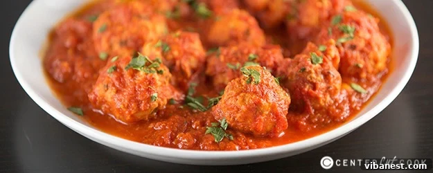 Delicious slow cooker turkey meatballs in a rich tomato sauce, ready to serve.