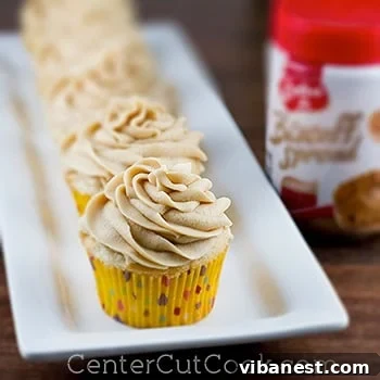 Close-up of Biscoff Cream Cheese Frosting swirled on a cupcake
