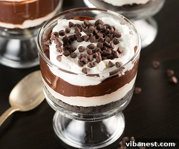 chocolate lasagna parfait 4.jpg Side view of Chocolate Lasagna Parfait in a glass cup showing distinct layers
