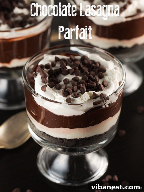 chocolate lasagna parfait 3.jpg Overhead shot of two Chocolate Lasagna Parfaits with cookie crumbs and chocolate chips